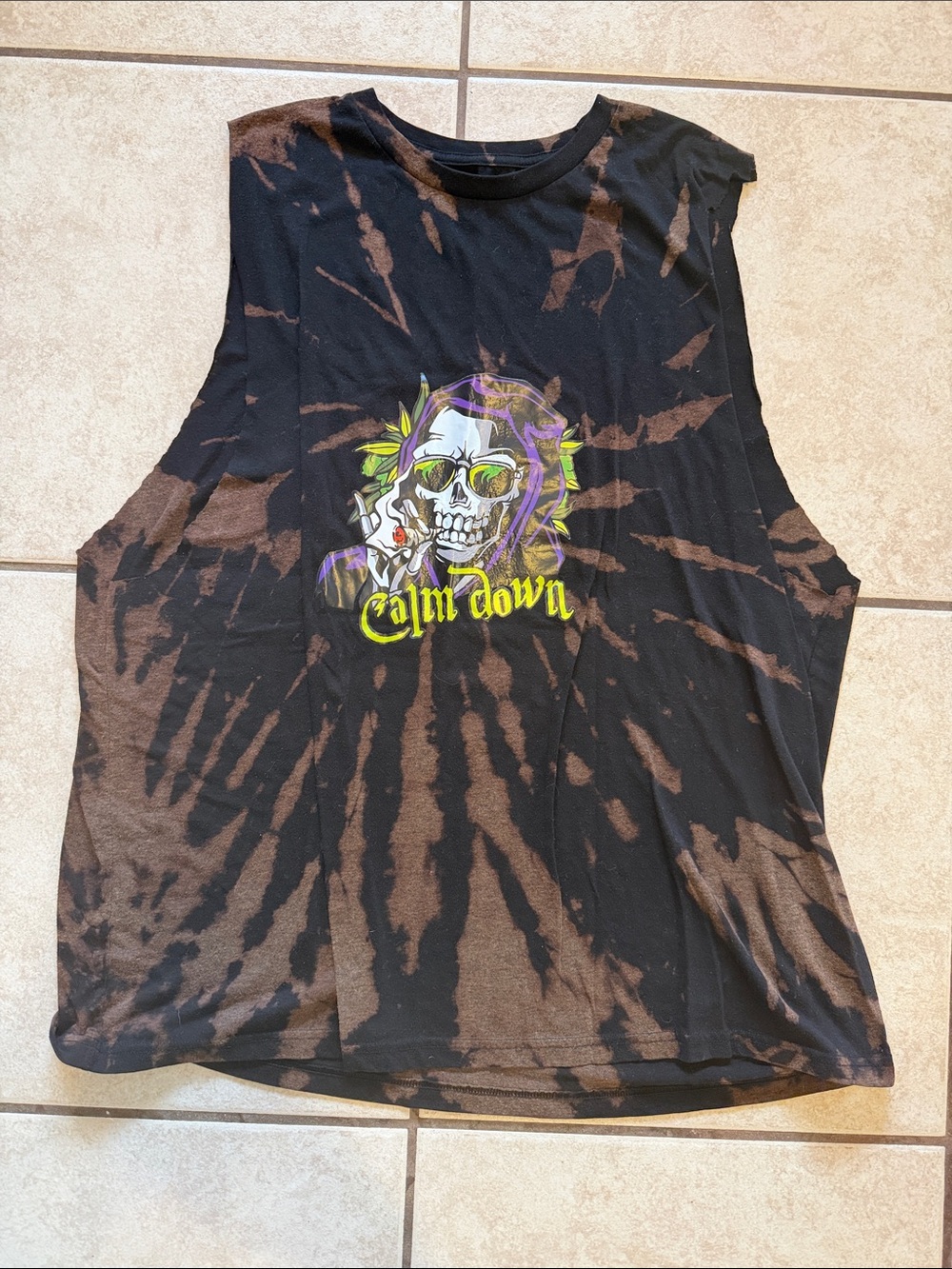 George Black Brown Tie-Dye Skull Tank Top with Neon Graphic